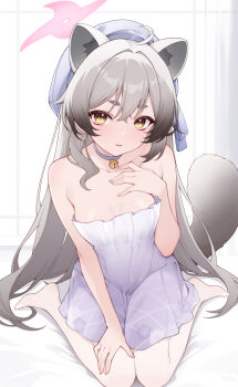 1girl absurdres animal_ears bare_shoulders barefoot bell blue_archive blue_hat breasts choker cleavage collarbone commentary_request dress grey_hair halo hand_on_own_chest hat highres jingle_bell long_hair looking_at_viewer medium_breasts michiru_(blue_archive) michiru_(dress)_(blue_archive) neck_bell official_alternate_costume origami_(poinia) pink_halo sitting tail white_choker white_dress yellow_eyes