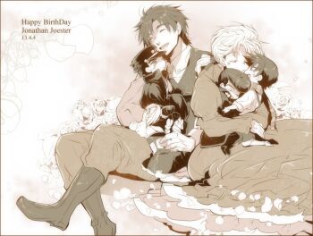 2girls 4boys blush couple dress erina_pendleton family flower happy higashikata_josuke hug husband_and_wife jojo_no_kimyou_na_bouken jonathan_joestar joseph_joestar kuujou_jolyne kuujou_joutarou multiple_boys multiple_girls petals smile