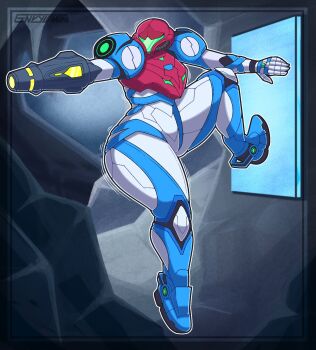 Rule 34 | 1girl, aiming, arm cannon, armor, cave, envylemonade, full body, grey background, highres, looking to the side, metroid, metroid dread, motion lines, nintendo, normal suit (metroid), outstretched arm, power armor, power suit (metroid), samus aran, shaking, solo, thick thighs, thighs, weapon, wide hips