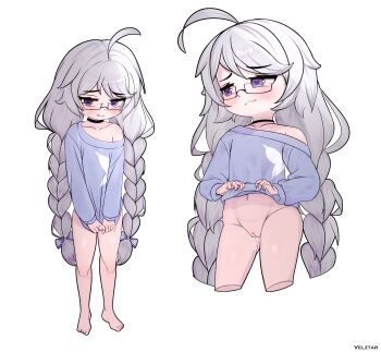 1girl ahoge artist_name averting_eyes barefoot black_choker blue_shirt blush bottomless bow braid choker cleft_of_venus closed_mouth clothes_lift collarbone cropped_legs full_body glasses grey_hair lifting_own_clothes loli long_hair long_sleeves multiple_views navel off_shoulder original purple_eyes pussy pussy_juice shirt shirt_lift simple_background single_bare_shoulder textless_version twin_braids uncensored velztar very_long_hair white_background white_hair