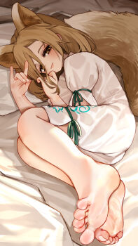 1girl absurdres animal_ears barefoot brown_eyes brown_hair chinese_commentary commentary_request dress extra_ears feet foot_focus foreshortening fox_ears fox_girl fox_shadow_puppet fox_tail highres kourou_(kouroukun) kudamaki_tsukasa looking_at_viewer lying medium_hair on_side parted_lips puffy_short_sleeves puffy_sleeves short_sleeves soles solo tail toes touhou white_dress