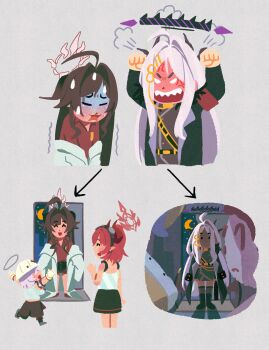 1boy 5girls absurdres ahoge ako_(blue_archive) angry armband black_coat black_halo black_thighhighs blue_archive blue_hair brown_hair coat coat_on_shoulders commentary_request crying_kasumi_(blue_archive) demon_girl demon_horns demon_wings doodle_sensei_(blue_archive) halo helmet highres hina_(blue_archive) horns irasutoya kasumi_(blue_archive) korean_commentary lab_coat long_hair low_wings megu_(blue_archive) multiple_girls night red_armband red_hair sensei_(blue_archive) smile thighhighs upper_body very_long_hair white_hair wings yongkak