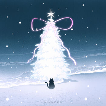 animal artist_name black_cat cat christmas_tree commentary english_commentary highres huhv. no_humans ocean original outdoors pink_ribbon ribbon sand scenery snowing tree