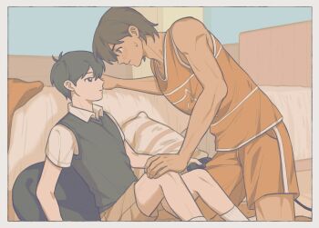 Rule 34 | 2boys, :|, adam's apple, ankle socks, antenna hair, bare arms, bare legs, bare shoulders, black eyes, black hair, blue background, border, boy on top, brown hair, brown shorts, bskrf vc, chinese commentary, closed mouth, collared shirt, commentary request, couch, dark-skinned male, dark skin, expressionless, eye contact, feet out of frame, fingernails, from side, grey border, hair behind ear, hair between eyes, hand on another's knee, highres, indoors, kel (faraway) (omori), kel (omori), light blush, light frown, looking at another, male focus, multiple boys, omori, on couch, orange shorts, orange tank top, pillow, profile, shirt, short hair, short sleeves, shorts, simple background, sitting, socks, sunny (omori), sweatdrop, tank top, thick eyebrows, toned, toned male, very short hair, white shirt, white socks, white trim