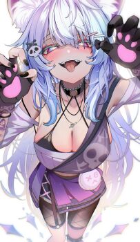 Rule 34 | 1girl, absurdres, animal ear fluff, animal ears, arrow through heart, bikini, black bikini, black bow, black choker, black gloves, black nails, blue eyes, blush, bow, breasts, cat ears, cat girl, choker, cleavage, fingerless gloves, fishnets, gloves, hair bow, hair ornament, hairpin, heart, heart necklace, highres, indie virtual youtuber, jewelry, large breasts, long hair, multicolored eyes, necklace, o-ring, o-ring choker, omoti (1201208), open mouth, paw print, pink eyes, purple skirt, second-party source, single fingerless glove, skirt, skull hair ornament, solo, spiked thigh strap, swimsuit, teeth, tongue, tongue out, upper teeth only, virtual youtuber, white background, white hair, yuni nya