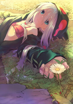 1girl :3 absurdres aqua_eyes bra breasts closed_mouth commentary_request dandelion evening flower grass green_jacket hair_between_eyes highres hood hood_up hooded_jacket jacket long_sleeves low_twintails lying midori_no_ruupe on_back open_clothes open_hand open_jacket original outdoors outstretched_arm outstretched_arms pink_ribbon red_bra ribbon small_breasts smile solo spread_arms twintails underwear upper_body white_flower white_hair
