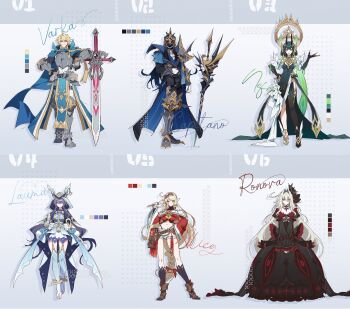 Rule 34 | 2girls, 4girls, absurdres, alice (genshin impact), antlers, armor, black dress, blonde hair, capitano (genshin impact), concept art, deer antlers, dress, genshin impact, green eyes, green hair, highres, horns, hoyofair, kuikui, lauma (genshin impact), long hair, looking at viewer, multiple girls, nefer (genshin impact), polearm, purple hair, ronova (genshin impact), short hair, spear, sword, varka (genshin impact), very long hair, weapon, white hair