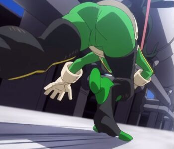 1girl anime_screenshot ass asui_tsuyu belt bodysuit boku_no_hero_academia crawling female_focus frog_girl from_behind gloves green_bodysuit highres long_hair long_tongue non-web_source on_wall running solo thighhighs tongue