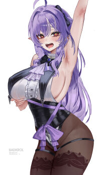 1girl absurdres adapted_costume alternate_costume armpits arms_up badkrol breasts dress grey_hair highres large_breasts looking_at_viewer open_mouth pantyhose pointy_ears purple_hair red_eyes self-upload simple_background solo thighs vivian_banshee vivian_banshee_(iris_of_the_shore) zenless_zone_zero