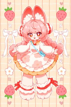 1girl absurdres animal_ear_fluff animal_ears bag blue_bag blush commentary dress english_commentary food fruit full_body furry furry_female highres long_hair long_sleeves looking_at_viewer open_mouth pink_hair red_eyes shoulder_bag solo standing strawberry very_long_hair white_dress yamisroot zenless_zone_zero zhao_(zenless_zone_zero)