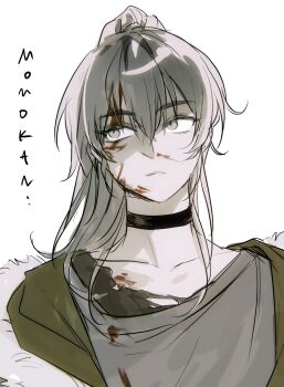 1girl black_choker blood blood_on_clothes blood_on_face character_name choker closed_mouth commentary girls_band_cry grey_eyes grey_hair grey_shirt highres injury jjab_p kawaragi_momoka multicolored_hair ponytail roots_(hair) shirt simple_background solo upper_body white_background