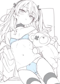 1girl bdsm blue_bra blue_panties bow bow_bra bow_panties bra collar collarbone double-parted_bangs expressionless flat_chest girls_und_panzer hair_between_eyes highres hood hoodie lineart loli long_hair looking_at_viewer monochrome navel open_clothes open_hoodie osanai_sanday outside_border panties shimada_arisu sidelocks simple_background slave spot_color striped_clothes striped_thighhighs stuffed_animal stuffed_toy teddy_bear thighhighs underwear white_background