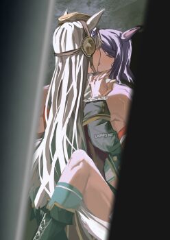 2girls animal_ears armband black_boots black_jacket blunt_bangs blush boots bow brown_hat closed_eyes dress ear_bow french_kiss gold_ship_(red_strife)_(umamusume) gold_ship_(umamusume) green_socks grey_hair hat highres horse_ears horse_girl horse_tail jacket kiss lampy_uikoko long_hair long_sleeves mejiro_mcqueen_(frontline_elegance)_(umamusume) mejiro_mcqueen_(umamusume) multiple_girls pillbox_hat purple_bow purple_hair red_dress sleeveless sleeveless_dress socks striped_armband striped_clothes sweat tail umamusume yuri