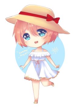 1girl alternate_costume aqua_eyes bare_shoulders blush bow brown_hat character_name chibi chibi_only commentary doki_doki_literature_club dress english_commentary english_text eyelashes full_body gomi_(gomiko_art) hair_between_eyes hat hat_bow heart heart_in_eye highres open_mouth pink_hair pink_ribbon pink_shoes red_bow ribbon sayori_(doki_doki_literature_club) shoes short_hair smile solo standing standing_on_one_leg sun_hat symbol_in_eye teeth transparent_background upper_teeth_only white_dress