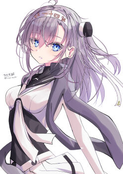 Rule 34 | 1girl, absurdres, anchor symbol, black headband, black sailor collar, bodysuit, breasts, cape, clothes writing, commentary request, cowboy shot, grey cape, grey eyes, grey hair, grey jacket, grey neckerchief, grey shawl, hachimaki, hair between eyes, headband, highres, hizaka, jacket, kantai collection, long hair, looking at viewer, medium breasts, neckerchief, one-hour drawing challenge, one side up, sailor collar, school uniform, shawl, skirt, solo, suzutsuki (kancolle), twitter username, white background, white bodysuit, white headband, white neckerchief, white skirt