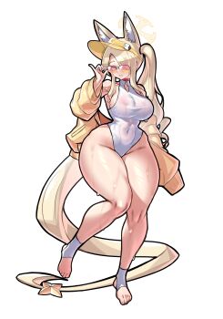1girl absurdres aged_up alternate_breast_size_(larger) animal_ear_fluff animal_ears blonde_hair blue_archive breasts clothing_cutout commentary_request covered_navel cross_halo curvy diamond_cutout fox_ears fox_girl fox_tail hair_ornament halo highleg highleg_one-piece_swimsuit highres jacket large_breasts long_hair mold_(pixiv6616319) official_alternate_costume official_alternate_hairstyle one-piece_swimsuit orange-tinted_eyewear orange_eyes seia_(blue_archive) seia_(swimsuit)_(blue_archive) side_ponytail simple_background small_breasts solo star_(symbol) star_hair_ornament sunglasses swimsuit tail tinted_eyewear visor_cap white_background white_one-piece_swimsuit yellow_halo yellow_jacket yellow_visor