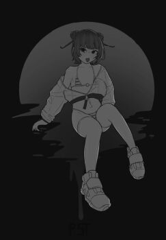 1girl bikini black_theme collarbone cone_hair_bun double_bun full_body hair_bun jacket long_sleeves looking_at_viewer micro_bikini navel_piercing off_shoulder original piercing post_(shake_shakepost) see-through_clothes short_hair sitting solo striped_bikini striped_clothes swimsuit thighhighs tongue tongue_out tongue_piercing translucent zipper_pull_tab