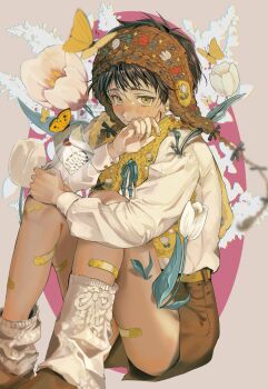 1boy animal bandaid bandaid_on_leg black_hair blush brown_hat brown_shorts bug butterfly choppy_bangs closed_mouth commentary_request feet_out_of_frame flower hand_up hat highres hugging_own_legs insect knees_up long_sleeves looking_at_viewer male_focus original sahi00000 shirt short_hair shorts sitting socks solo tearing_up white_flower white_shirt white_socks yellow_eyes