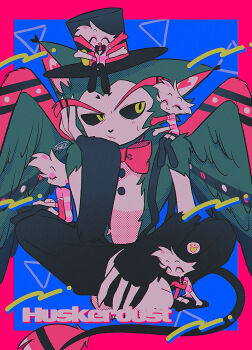 5boys absurdres angel_dust barefoot black_fur black_hat black_pants black_sclera black_wings blue_background border bow bowtie cat_boy chromatic_aberration clone colored_sclera commentary_request feathered_wings fewer_digits film_grain full_body furry furry_male halftone hand_on_own_cheek hand_on_own_face hand_up hat hazbin_hotel heart hellaverse highres husk_(hazbin_hotel) indian_style jitome looking_at_another male_focus menma_(enaic31) mini_person miniboy multiple_boys outside_border pants person_on_shoulder red_border red_bow red_bowtie red_wings ship_name sideways_glance signature simple_background sitting solo_focus suspenders sweatdrop tail thick_eyebrows top_hat traditional_bowtie triangle two-tone_fur two-tone_wings white_fur wings yellow_eyes