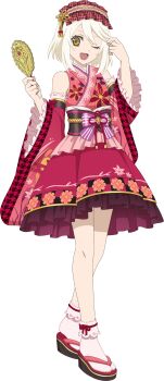 Rule 34 | 1girl, adjusting hair, alice (moon viewing live) (tales), alice (tales), blonde hair, detached sleeves, floral print, frilled kimono, frilled skirt, frills, game cg, hand mirror, headdress, highres, japanese clothes, kimono, looking at self, mirror, obi, obijime, official alternate costume, official art, okobo, one eye closed, open mouth, pink headdress, pink kimono, pink ribbon, pink socks, platform sandals, ribbon, sandals, sash, short hair, skirt, sleeveless, sleeveless kimono, socks, tabi, tales of (series), tales of asteria, tales of symphonia, tales of symphonia: dawn of the new world, transparent background, two-tone ribbon, white ribbon, yellow eyes