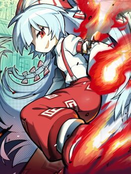 1girl bow commentary fire fujiwara_no_mokou grin hair_bow kokum0tsu long_hair pants profile red_eyes red_pants shirt smile solo suspenders touhou white_hair white_shirt