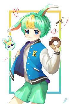 Rule 34 | 1boy, animal crossing, animal ears, blonde hair, blue eyes, cherry59599, creature and personification, donut, food, green hair, green shorts, heart, highres, jacket, letterman jacket, long sleeves, male focus, multicolored hair, nintendo, personification, sasha (animal crossing), shirt, short hair, shorts, simple background, solo, standing, streaked hair, white shirt
