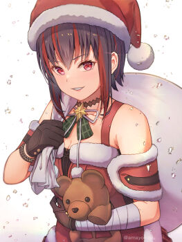 1girl amayomiyu bare_shoulders black_gloves black_hair christmas commentary gloves hat heaven_burns_red looking_at_viewer mikoto_fubuki multicolored_hair neck_ribbon parted_lips red_eyes red_hair ribbon sack santa_costume santa_hat short_hair sidelocks simple_background smile solo streaked_hair stuffed_animal stuffed_toy teddy_bear twitter_username two-tone_hair upper_body white_background white_ribbon