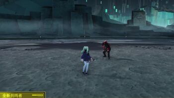 1boy 1girl 20s 3d aiming animated aqua_hair attack audible_speech black_jacket breasts chinese_audio colored_sclera cyberpunk:_edgerunners cyberpunk_(series) full_body grin gun hand_in_pocket holding holding_gun holding_weapon jacket jumping laughing logo long_hair looking_at_another official_art outdoors rebecca_(cyberpunk) red_sclera rifle ryona smile sound tagme twintails video walking weapon wuthering_waves