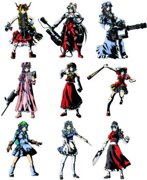 Rule 34 | 6+girls, ascot, bandolier, baseball bat, belt, black hair, blonde hair, blue hair, bonesaw, book, boots, bullet, chain, cosplay, cross, demoman (tf2), detached sleeves, engineer (tf2), explosive, female focus, flamethrower, fujiwara no mokou, gatling gun, gloves, grenade, gun, hakurei reimu, hat, heavy (tf2), helmet, holding, holding baseball bat, holding flamethrower, holding weapon, ibuki suika, izayoi sakuya, kawashiro nitori, key, knife, maid, maid headdress, medic (tf2), multiple girls, niandni, non-web source, nurse, nurse cap, parody, patchouli knowledge, purple hair, pyro (tf2), red cross, ribbon, rifle, saigyouji yuyuko, saw, scout (tf2), shameimaru aya, silver hair, skirt, sniper (tf2), sniper rifle, socks, soldier (tf2), spy (tf2), team fortress 2, thighhighs, tokin hat, touhou, vest, weapon, yagokoro eirin