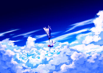 1boy 1girl arjuna_(fate) arjuna_alter_(fate) blue_shirt blue_skirt blue_sky boots cape cloud commentary_request falling fate/grand_order fate_(series) fujimaru_ritsuka_(female) fuka_(hk_nemo) full_body highres holding_hands reaching reaching_towards_another shirt short_hair short_sleeves skirt sky solo white_cape wide_shot