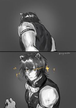1boy animal_ears arknights bare_shoulders broca_(arknights) cat_boy cat_ears evee_(bingumon) eye_trail goggles goggles_around_neck greyscale highres light_trail male_focus monochrome pectorals short_hair sleeveless spot_color toned toned_male upper_body yellow_eyes