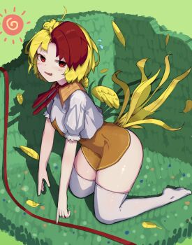 1girl absurdres baby_animal bird blush chick chicken_girl commentary dress fang feathers highres kneeling looking_at_viewer medium_hair multicolored_hair niwatari_kutaka no_shoes parted_lips red_eyes rooster_tail shirt short_sleeves skin_fang solo thick_thighs thighhighs thighs touhou two-tone_hair white_shirt white_thighhighs xin_wuwu yellow_dress yellow_wings