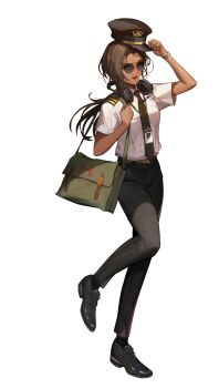 1girl absurdres artist_request bag belt black_shoes black_survival brown_hair cathy_huggins commentary english_commentary hat headphones headphones_around_neck highres id_card lanyard necktie official_art open_mouth pants peaked_cap pilot shirt shoes solo sunglasses third-party_source transparent_background watch wristwatch