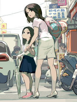 2boys 2girls ankle_socks backpack bag black_eyes black_hair black_skirt brown_skirt car city commentary_request high_heels highres holding holding_hands holding_umbrella long_hair mother_and_daughter motor_vehicle motorcycle multiple_boys multiple_girls office_lady_taiwan outdoors parted_lips pencil_skirt pink_bag pink_shoes pumps shirt shoes short_sleeves skirt socks tennohi umbrella white_shirt white_shoes white_socks