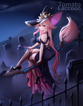1girl alternate_costume alternate_hairstyle animal_ears artist_name bare_shoulders black_hat black_shoes black_thighhighs breasts broom broom_riding commentary dress fox_ears fox_girl from_behind genshin_impact graveyard hair_between_eyes hashtag-only_commentary hat high_heels highres holding holding_wand large_breasts long_hair looking_at_viewer night outdoors pink_hair purple_dress purple_eyes shoes sleeveless sleeveless_dress smile solo thighhighs tomatolaccoon tombstone very_long_hair wand witch_hat yae_miko