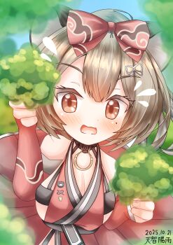 Rule 34 | 1girl, absurdres, animal ears, azur lane, blush, bow, breasts, brown eyes, brown hair, cleavage, commentary request, dated, hair bow, highres, hisame amachi, large breasts, mole, mole under eye, ninja, open mouth, raccoon ears, raccoon girl, red bow, signature, solo, taekaze (azur lane), upper body