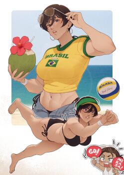 1boy 1girl ass beach bikini bikini_bottom_under_shorts bikini_under_clothes black_bikini brazil brazilian_flag brazilian_miku brazilian_miku_(cosplay) breasts cheering chibi coconut cosplay denim denim_shorts earrings english_text eren_yeager flower green_hat green_trim hanpetos hat hatsune_miku hoop_earrings jewelry large_breasts looking_at_viewer lowleg lowleg_shorts mikasa_ackerman multiple_views muscular muscular_female navel red_flower shingeki_no_kyojin shirt short_hair shorts sunglasses swimsuit tank_top volleyball white_tank_top yellow_shirt