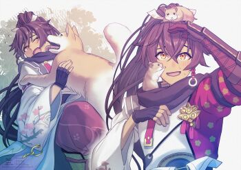 Rule 34 | 1boy, brown hair, commentary request, dog, grey kimono, hair between eyes, hamster, highres, japanese clothes, kimono, long hair, male focus, mmstarrf, open mouth, ponytail, rune factory, rune factory: guardians of azuma, smile, subaru (rune factory)