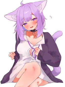 1girl absurdres ahoge animal_ear_fluff animal_ears black_collar blue_hair breasts cat_ears cat_tail collar collared_shirt colored_inner_hair commentary_request highres hololive jacket large_breasts looking_at_viewer multicolored_hair neck_ribbon nekomata_okayu nekomata_okayu_(oversized_shirt) official_alternate_costume open_mouth purple_eyes purple_hair purple_jacket ribbon shirt smile solo tail tepenchi virtual_youtuber white_shirt
