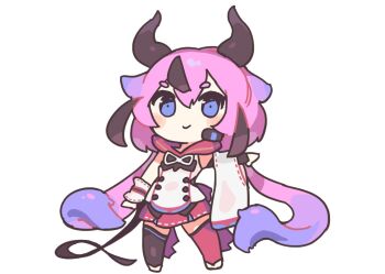 Rule 34 | 1girl, asymmetrical legwear, asymmetrical sleeves, black horns, black streaks, black thighhighs, blue eyes, blush stickers, buttons, chibi, chibi only, closed mouth, commentary, detached sleeves, double-breasted, floating hair, full body, gradient hair, gynoid talk, horns, jacket, long hair, looking at viewer, low twintails, meika hime, mismatched legwear, multicolored hair, outstretched arm, pink hair, purple hair, red hood, red skirt, red thighhighs, ribbon-trimmed skirt, ribbon-trimmed sleeves, ribbon trim, sakamoto ahiru, short eyebrows, simple background, single detached sleeve, single wide sleeve, skirt, smile, solo, standing, streaked hair, thick eyebrows, thighhighs, twintails, very long hair, vocaloid, white background, white jacket