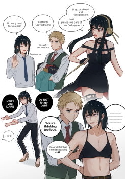 1girl 2boys arms_behind_back bare_shoulders belt black_bra black_dress black_gloves black_hair black_pants blonde_hair blue_eyes blue_necktie bra breasts brown_belt brown_shirt closed_eyes collared_shirt commentary cropped_torso crossdressing dagger dress english_commentary english_text fingerless_gloves flower furrowed_brow gloves gold_hairband green_pants green_vest hair_between_eyes hair_flower hair_ornament hairband hanakan high-low_dress high_heels highres holding holding_hands holding_unworn_clothes holding_weapon knife light_smile lloyd_(mother) long_hair looking_at_another medium_breasts medium_hair messy_hair midriff multiple_boys necktie nervous_smile nervous_sweating open_mouth pants pumps red_dress red_eyes red_necktie shirt short_hair sidelocks sleeves_rolled_up smile spy_x_family stiletto_(weapon) sweat sweatdrop trembling two-sided_dress two-sided_fabric underwear updo vest waistcoat weapon white_background white_shirt yor_briar yuri_briar