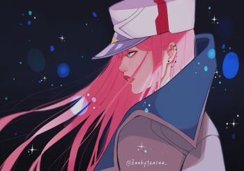 1girl aegyo_sal aqua_eyes asian black_background blunt_bangs blurry coat colored_lapels darling_in_the_franxx depth_of_field ear_piercing eyelashes eyeliner floating_hair from_side hat highres lapels light_particles looking_ahead makeup military_hat parted_lips piercing pink_hair profile red_eyeliner sparkle twitter_username upper_body white_coat zeebythesea zero_two_(darling_in_the_franxx)
