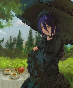 1girl black_bow black_choker black_dress black_headdress black_umbrella bow chainsaw_man choker closed_mouth cup day dress glass_teapot green_eyes hair_between_eyes hair_bun highres holding holding_umbrella ic6pid long_sleeves looking_at_viewer outdoors purple_hair reze_(chainsaw_man) saucer smile solo table teacup teapot tree umbrella