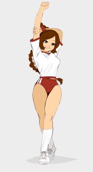 1girl 8log4icy absurdres alternate_costume arm_up avatar:_the_last_airbender avatar_legends braid brown_hair buruma commentary commission contemporary full_body gym_uniform highres long_hair red_buruma shirt shoes simple_background smile sneakers socks solo standing stretching ty_lee white_background white_shirt white_socks