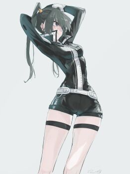 Rule 34 | 1girl, arched back, arms behind head, arms up, belt, black jacket, black order uniform, black shorts, breasts, collared jacket, commentary request, cross, d.gray-man, emblem, facing to the side, gold hair tie, green hair, grey background, grey eyes, hair between eyes, hair ornament, hair tie, hairclip, highres, jacket, l-phy, lenalee lee, long hair, long sleeves, looking to the side, medium breasts, parted bangs, shorts, sidelocks, signature, simple background, single wrist cuff, smile, solo, striped clothes, striped jacket, striped shorts, thigh strap, thighs, twintails, vertical-striped clothes, vertical-striped jacket, white belt, white wrist cuffs, wrist cuffs