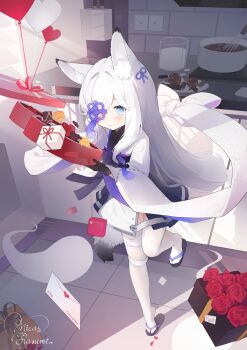 Rule 34 | 1girl, absurdres, animal ear fluff, animal ears, azur lane, balloon, blue eyes, blush, box, commentary request, flower, fox ears, fox girl, gift, hair ornament, hair over one eye, highres, japanese clothes, kasumi (azur lane), kasumi 1118, long hair, open mouth, red flower, red rose, rose, solo, standing, standing on one leg, tail, thighhighs, valentine, white hair, white thighhighs