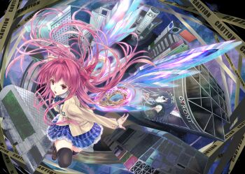 2girls :o antenna_hair black_thighhighs bow bowtie breasts brown_jacket caution_tape chaos;head cry-planet d-sword ears_visible_through_hair floating_hair full_body glowing incoming_attack jacket lapels loafers long_hair looking_at_viewer medium_breasts miniskirt multiple_girls necktie nishina_mikoto notched_lapels open_mouth phantom_breaker pink_eyes pink_hair plaid_bow plaid_bowtie plaid_clothes plaid_necktie plaid_skirt pleated_skirt red_trim sakihata_rimi school_emblem school_uniform science_adventure serious shoes side_ponytail skirt suimei_academy_school_uniform thick_thighs thighhighs thighs tongue very_long_hair zettai_ryouiki