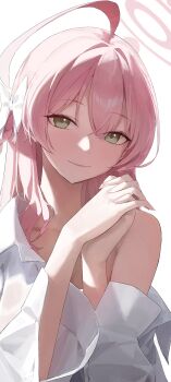 1girl absurdres ahoge backlighting blue_archive blush bow braid closed_mouth commentary dress_shirt green_eyes hair_bow halo hanako_(blue_archive) hanako_(swimsuit)_(blue_archive) highres huge_ahoge interlocked_fingers kennyupa long_hair long_sleeves looking_at_viewer off_shoulder official_alternate_costume overexposure oversized_clothes oversized_shirt own_hands_clasped own_hands_together partially_unbuttoned pink_hair pink_halo see-through_clothes see-through_shirt shirt side_braid simple_background single_bare_shoulder single_braid smile solo upper_body wet wet_clothes wet_shirt white_background white_bow white_shirt