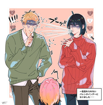 Rule 34 | !, 1girl, 2boys, ^^^, ahoge, anya (spy x family), awarinko, black dress, black hair, black pants, blank eyes, blonde hair, border, brown background, brown hair, brown pants, collared shirt, dress, dress shirt, gradient hair, green sweater, hair between eyes, heart, highres, long sleeves, multicolored hair, multiple boys, pants, pink hair, puffy long sleeves, puffy sleeves, red sweater, ribbed sweater, shirt, sleeves past wrists, spit take, spitting, spy x family, sweater, translation request, turn pale, twilight (spy x family), white border, white shirt, yuri briar