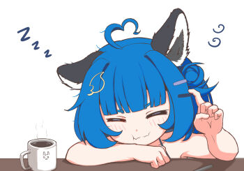 Rule 34 | 1girl, = =, absurdres, ahoge, animal ears, blue hair, blunt bangs, blush, chromashift, closed eyes, closed mouth, coffee, coffee mug, cup, hair bun, hair intakes, hair ornament, hairclip, hashtag-only commentary, heart, heart ahoge, highres, index finger raised, leaf hair ornament, messy hair, mug, poko rakun, raccoon ears, raccoon girl, shikiga, short hair, simple background, single side bun, solo, virtual youtuber, wavy mouth, white background, zzz